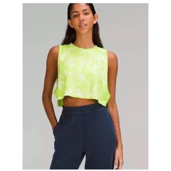 LULULEMON 10 All Yours Cropped Workout Top Pima Cotton Tie Dye Tank Neon Yellow - Picture 11 of 12